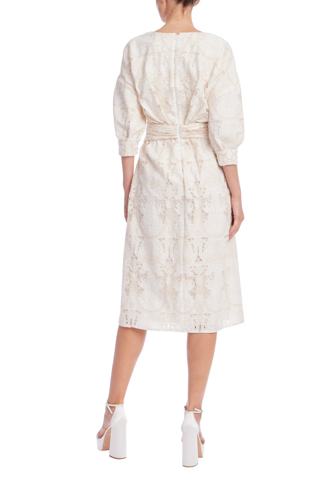 Badgley Mischka Quarter Sleeve Ivory Jacquard Wrap Midi Dress
