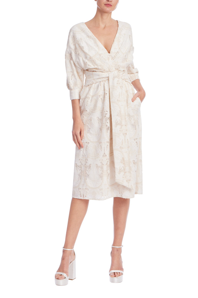 badgley mischka Quarter Sleeve Ivory Jacquard Wrap Midi Dress