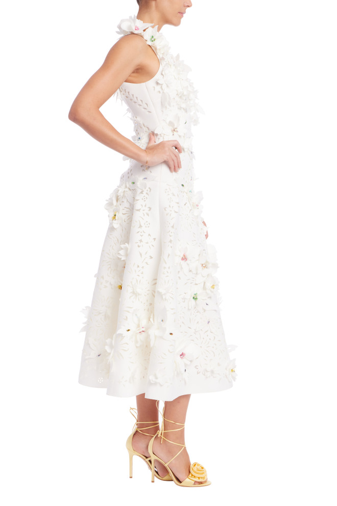Badgley Mischka Sleeveless Floral Applique Midi Dress