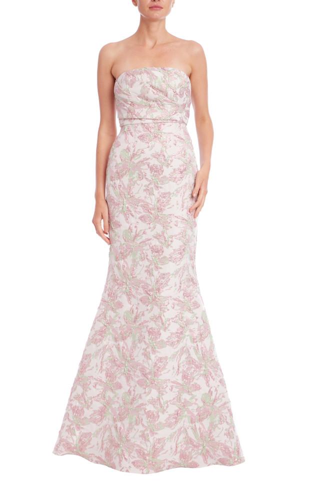 badgley mischka Strapless Floral Jacquard Mermaid Gown