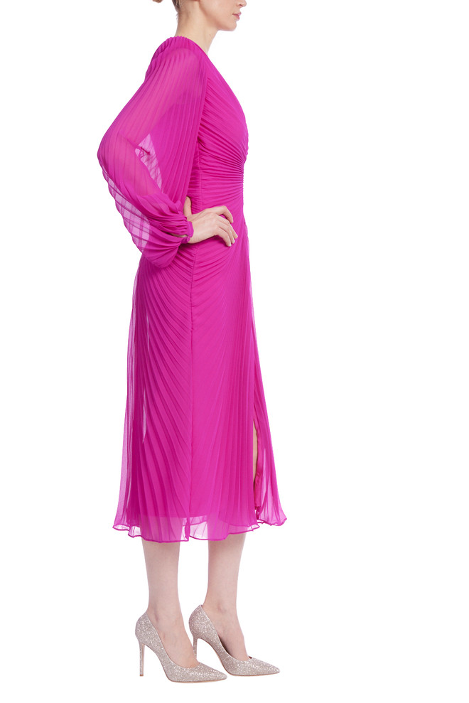 Badgley Mischka Sunburst Pleated Long Sleeve Cocktail Dress