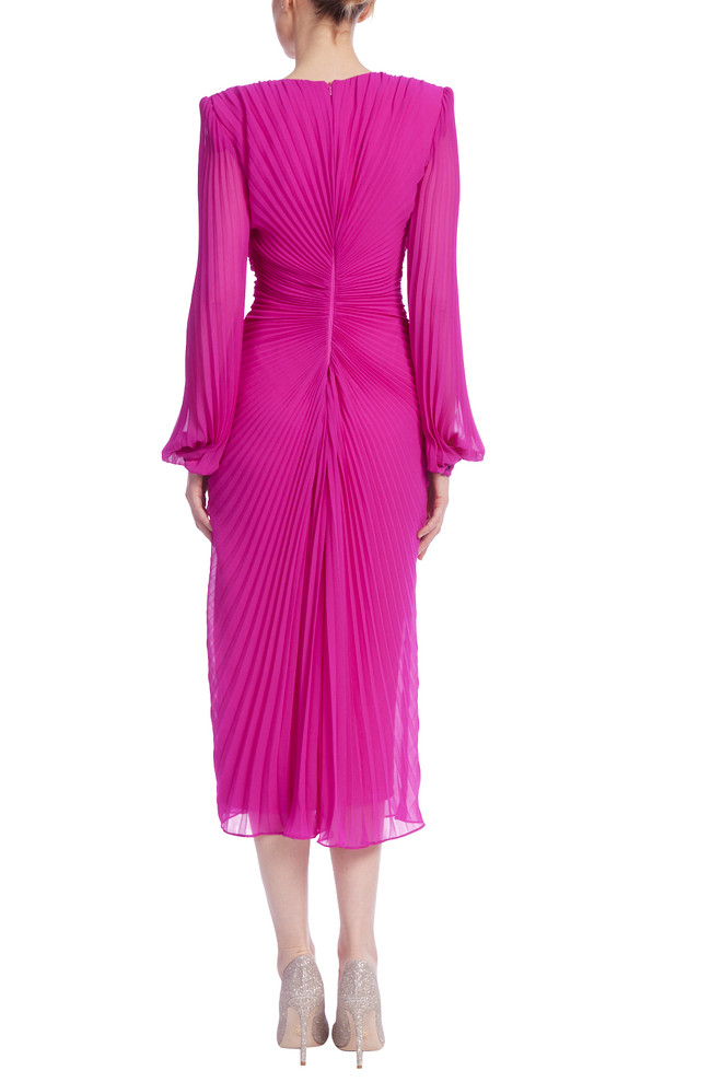 Badgley Mischka Sunburst Pleated Long Sleeve Cocktail Dress