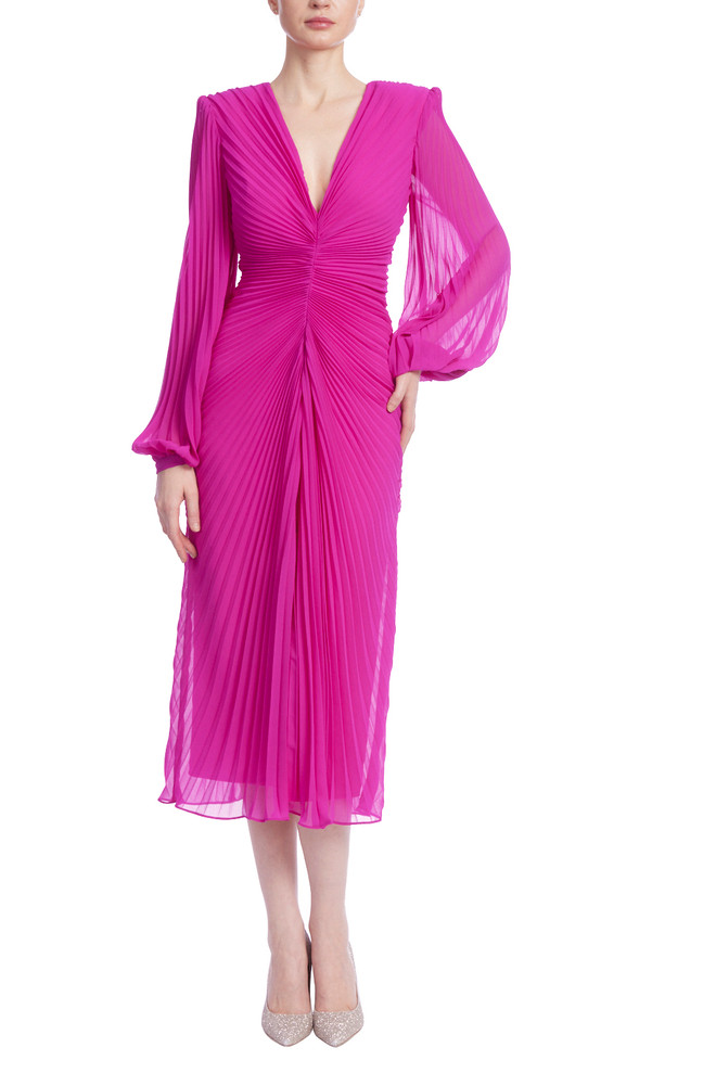 badgley mischka Sunburst Pleated Long Sleeve Cocktail Dress