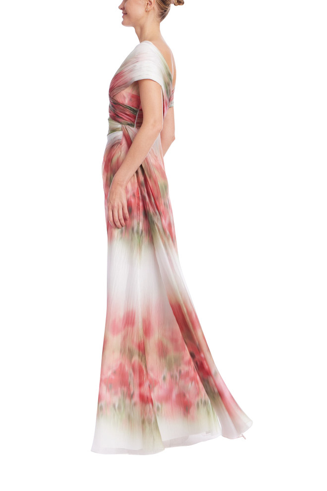 Badgley Mischka Watercolor Floral Off-Shoulder Chiffon Gown