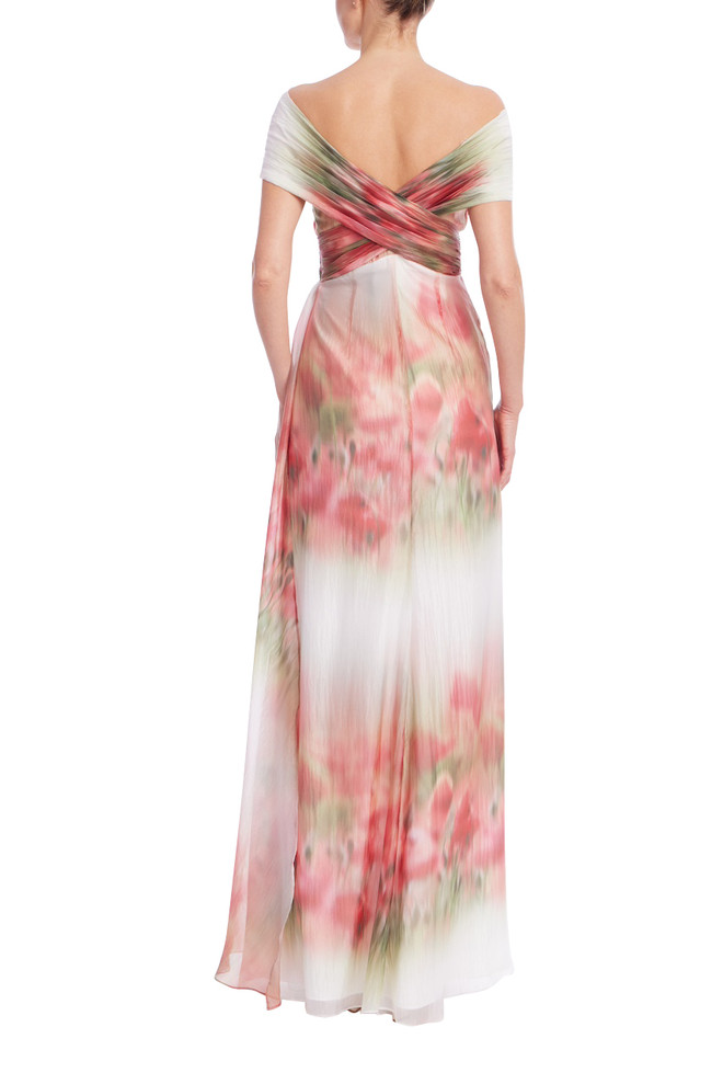 Badgley Mischka Watercolor Floral Off-Shoulder Chiffon Gown