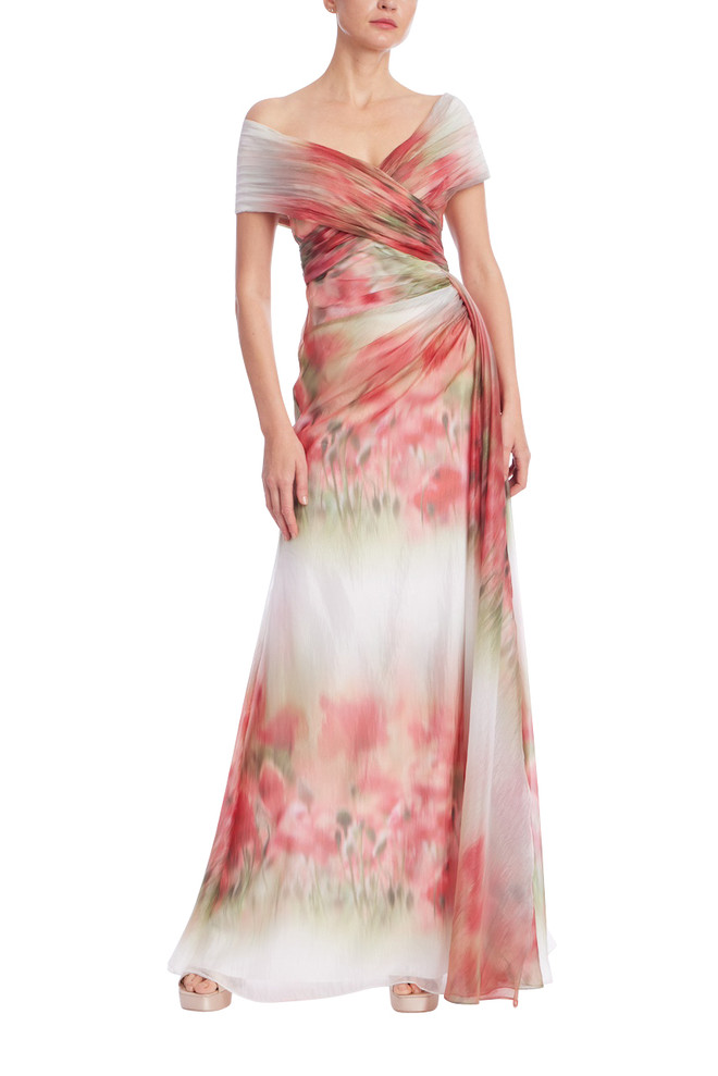 badgley mischka Watercolor Floral Off-Shoulder Chiffon Gown