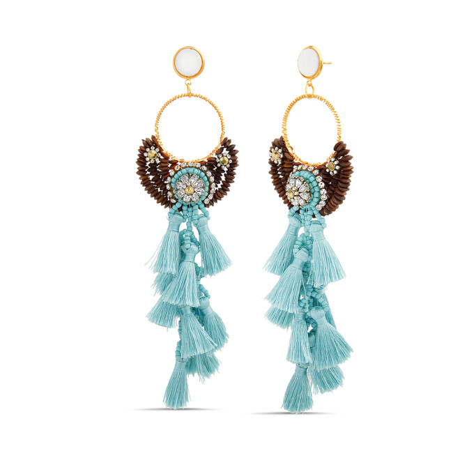 badgley mischka Wood Bead and Blue Raffia Tassel Earrings with Mixed Stone Accents
