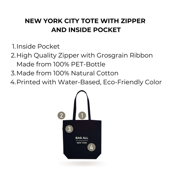 Bag All New York City Tote With Zipper And Inside Pocket Black