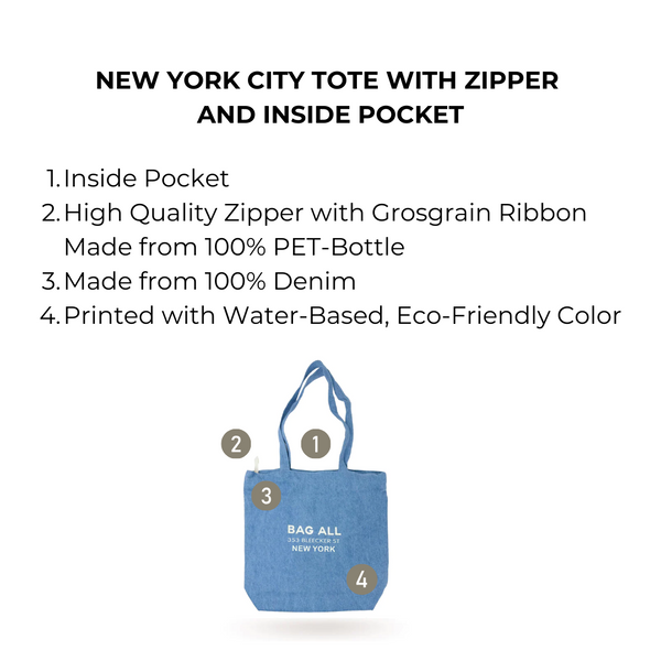 Bag All New York City Tote With Zipper And Inside Pocket Denim