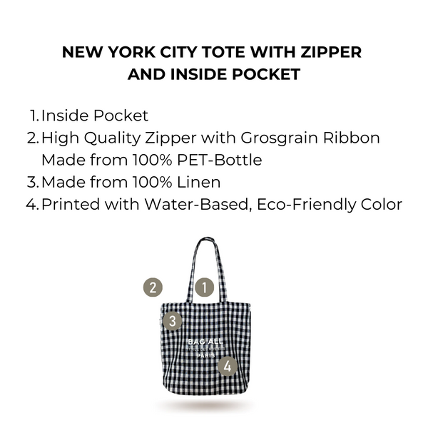 Bag All New York City Tote With Zipper And Inside Pocket Gingham