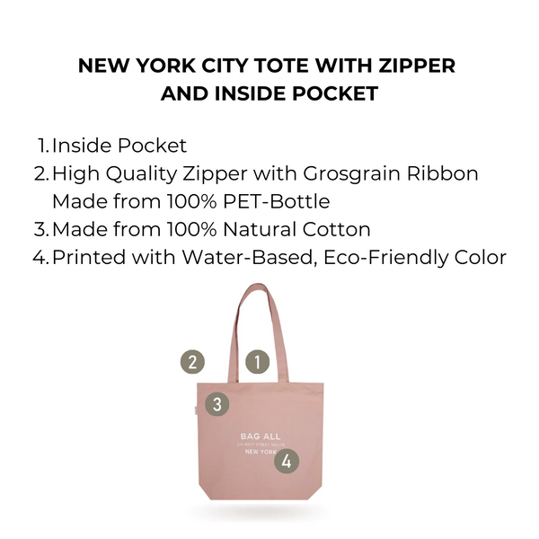 Bag All New York City Tote With Zipper And Inside Pocket Pink/Blush
