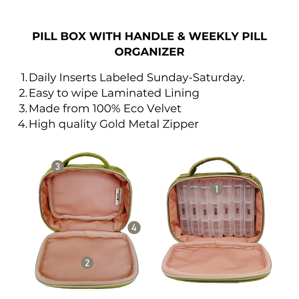 Bag All Pill Box With Handle & Weekly Pill Organizer Green Velvet