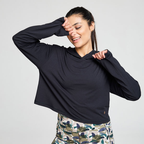 Bahé Yoga ZEPHYR SHORT BOXY HOODED TEE BLACK