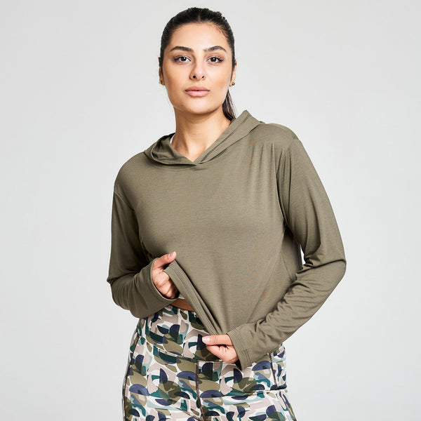 bahé yoga ZEPHYR SHORT BOXY HOODED TEE KHAKI