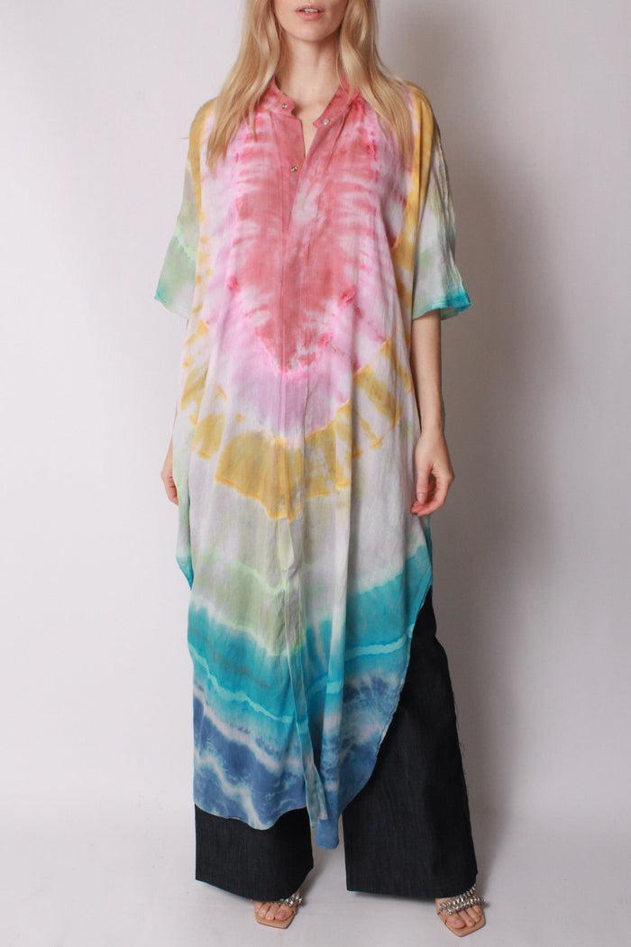 Baja East Kaftan Maxi In Cotton Voile Rainbow Tie-Dye