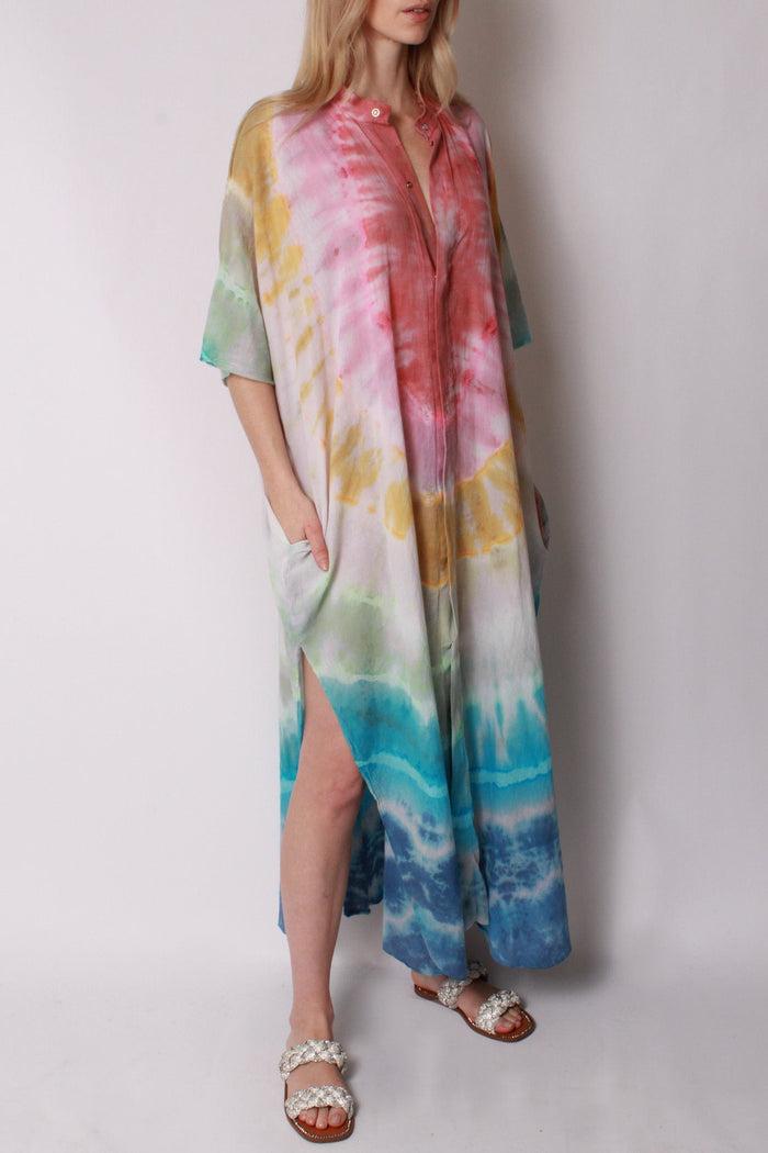 Baja East Kaftan Maxi In Cotton Voile Rainbow Tie-Dye