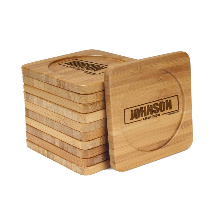 bamboomn A Family Story Square Custom Engraved Bamboo Coaster Set