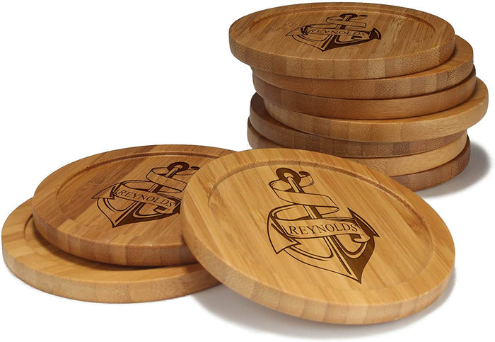bamboomn Anchor Round Custom Engraved Bamboo Coaster Set