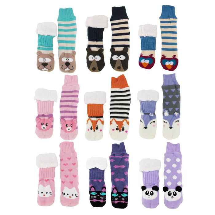 bamboomn Animal Thermal Fleece-Lined Knitted Non-Slip Crew Socks: 3 Pairs