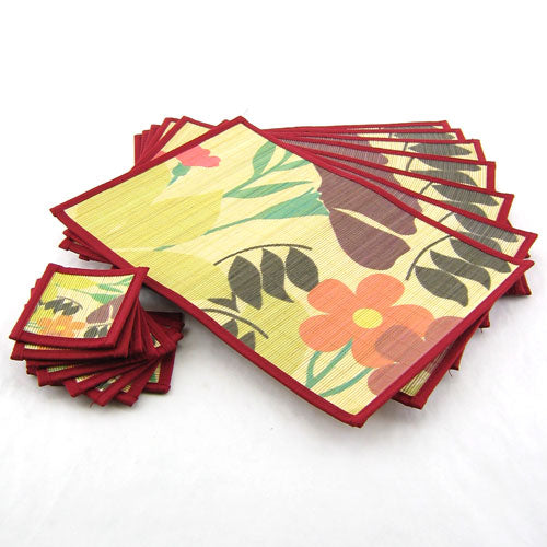 Bamboomn Bamboo Patterned Placemats With Fabric Border And Matching Coasters