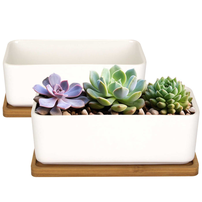 bamboomn Rectangle Succulent Plant Pots with Tray