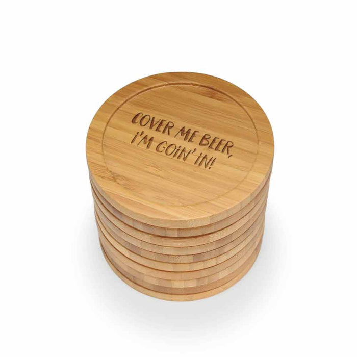 Bamboomn Beer And Wine Phrases Round Custom Engraved Bamboo Coaster Set
