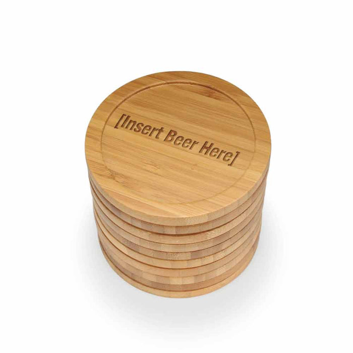 Bamboomn Beer And Wine Phrases Round Custom Engraved Bamboo Coaster Set