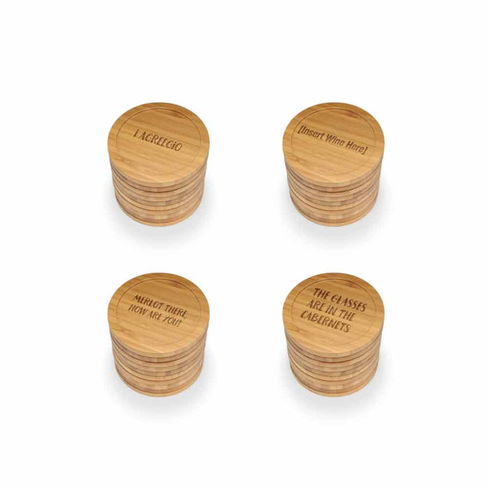 Bamboomn Beer And Wine Phrases Round Custom Engraved Bamboo Coaster Set