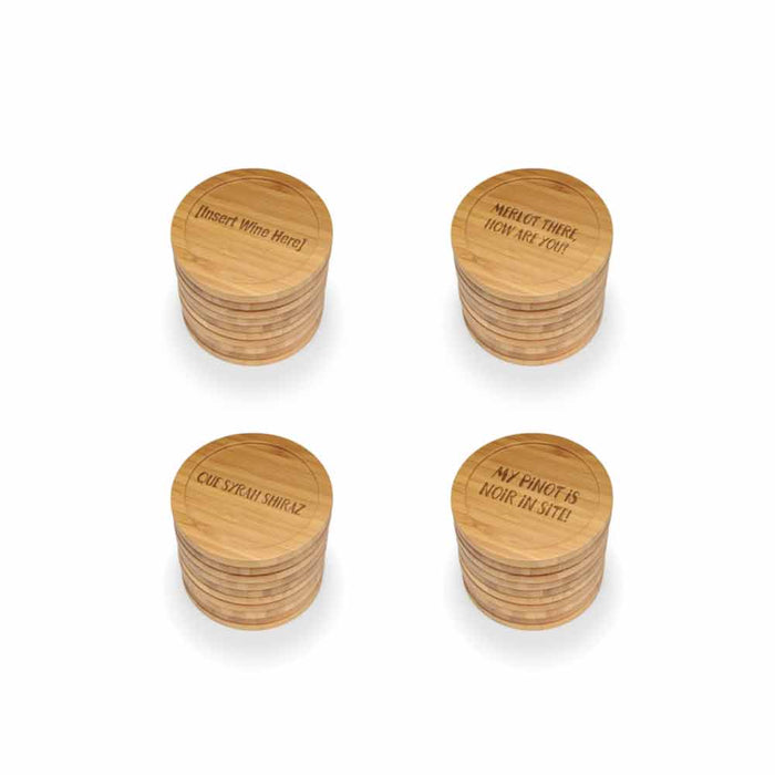 Bamboomn Beer And Wine Phrases Round Custom Engraved Bamboo Coaster Set