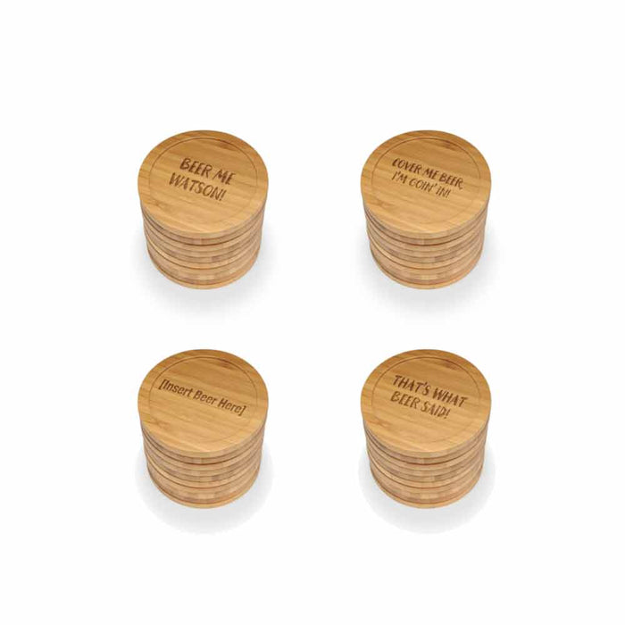 bamboomn Beer and Wine Phrases Round Custom Engraved Bamboo Coaster Set