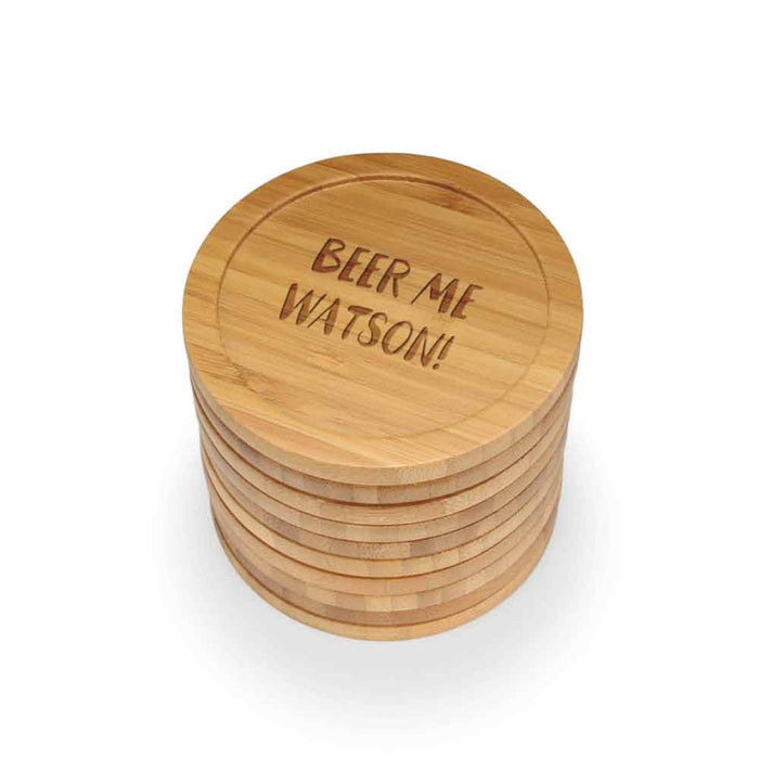 bamboomn Beer and Wine Phrases Round Custom Engraved Bamboo Coaster Set