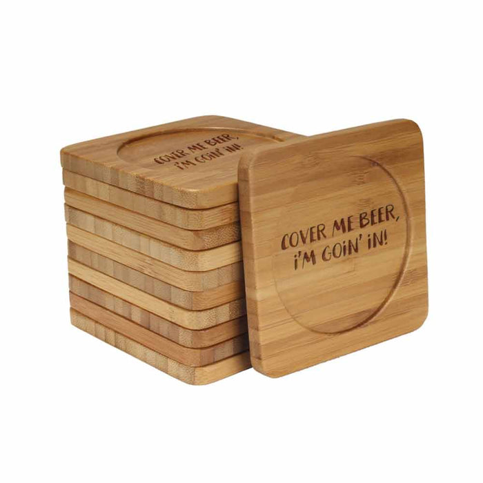 Bamboomn Beer And Wine Phrases Square Custom Engraved Bamboo Coaster Set