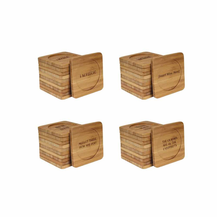Bamboomn Beer And Wine Phrases Square Custom Engraved Bamboo Coaster Set