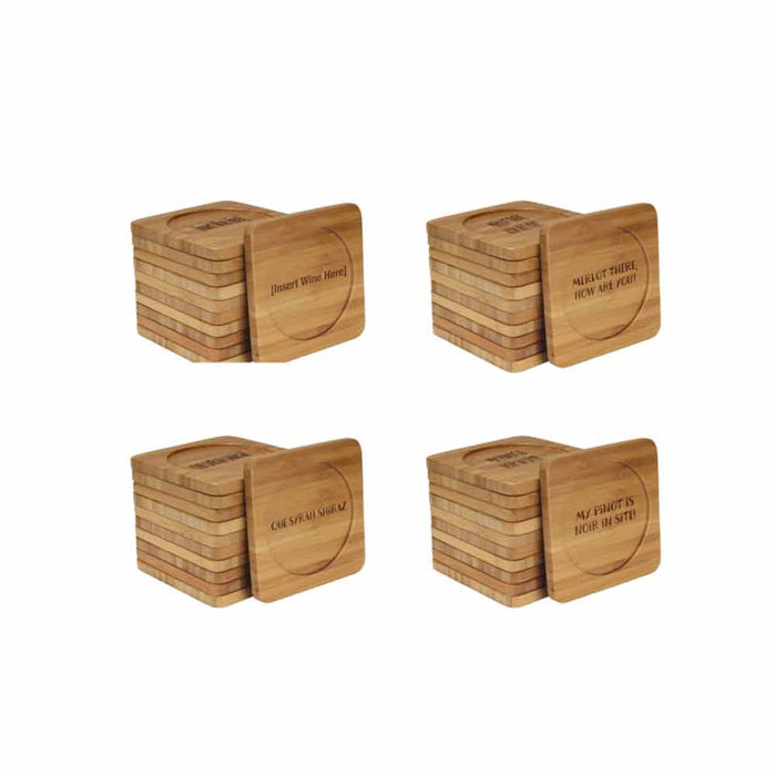 Bamboomn Beer And Wine Phrases Square Custom Engraved Bamboo Coaster Set