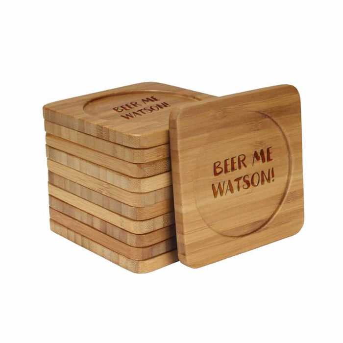 bamboomn Beer and Wine Phrases Square Custom Engraved Bamboo Coaster Set