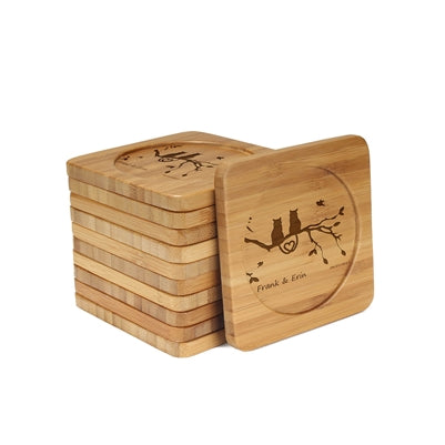 bamboomn Cat Couple in Branches Square Custom Engraved Bamboo Coaster Set