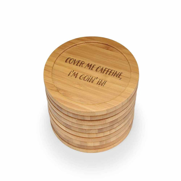 Bamboomn Coffee And Tea Phrases Round Custom Engraved Bamboo Coaster Set