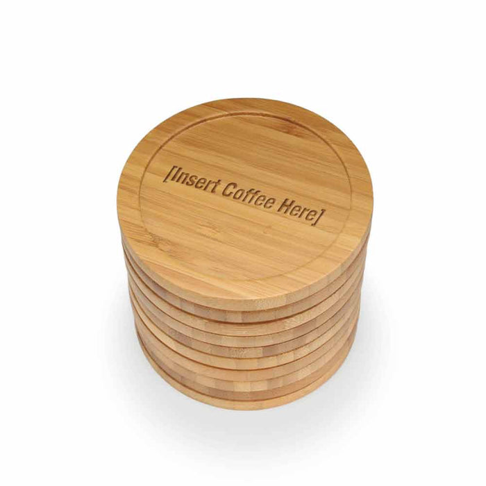 Bamboomn Coffee And Tea Phrases Round Custom Engraved Bamboo Coaster Set