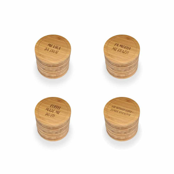 Bamboomn Coffee And Tea Phrases Round Custom Engraved Bamboo Coaster Set