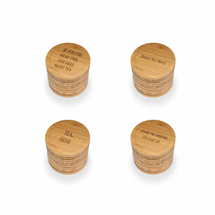 Bamboomn Coffee And Tea Phrases Round Custom Engraved Bamboo Coaster Set