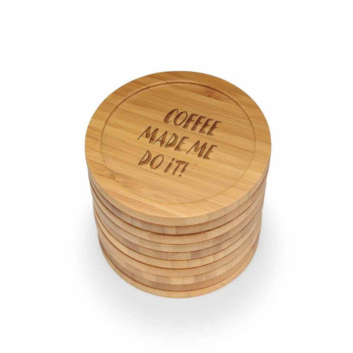 bamboomn Coffee and Tea Phrases Round Custom Engraved Bamboo Coaster Set