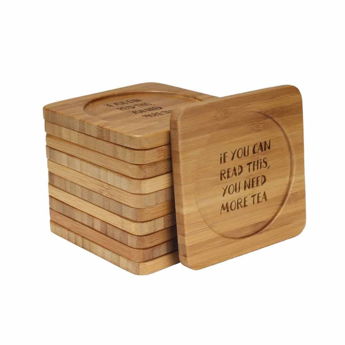 Bamboomn Coffee And Tea Phrases Square Custom Engraved Bamboo Coaster Set