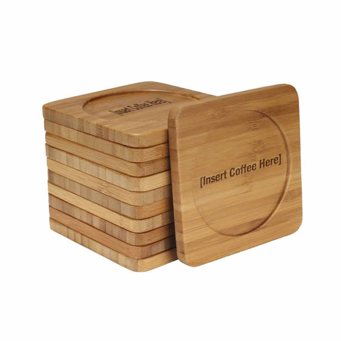 Bamboomn Coffee And Tea Phrases Square Custom Engraved Bamboo Coaster Set