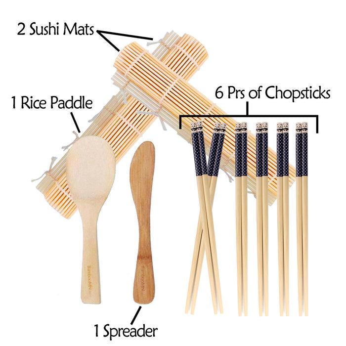 Bamboomn Complete Sushi Making Kit - 2x Natural Bamboo Roller Rolling Mats 1x Bamboo Rice Paddle 1x Bamboo Rice Spreader 6 Pairs Of Bamboo Chopsticks