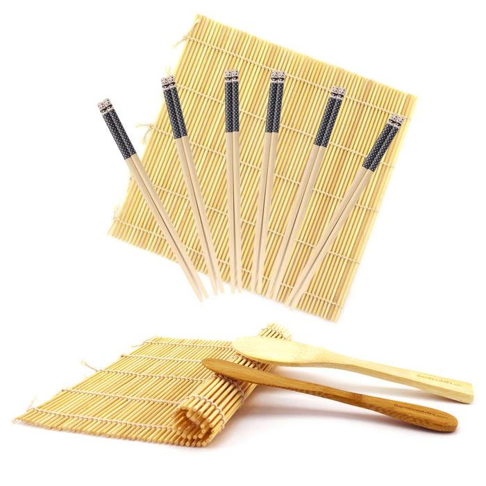 bamboomn Complete Sushi Making Kit - 2x Natural Bamboo Roller Rolling Mats 1x Bamboo Rice Paddle 1x Bamboo Rice Spreader 6 Pairs of Bamboo Chopsticks