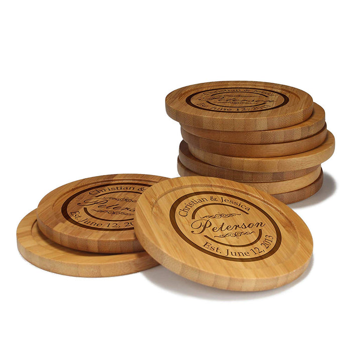 bamboomn Couple Circle Stamp Round Custom Engraved Bamboo Coaster Set