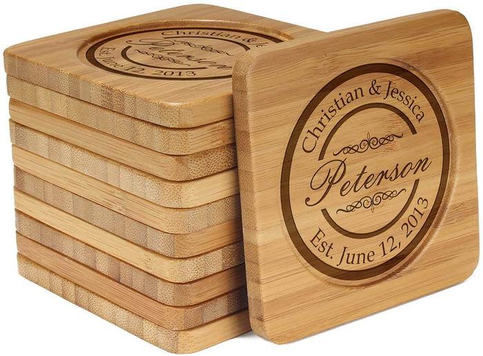 bamboomn Couple Circle Stamp Square Custom Engraved Bamboo Coaster Set