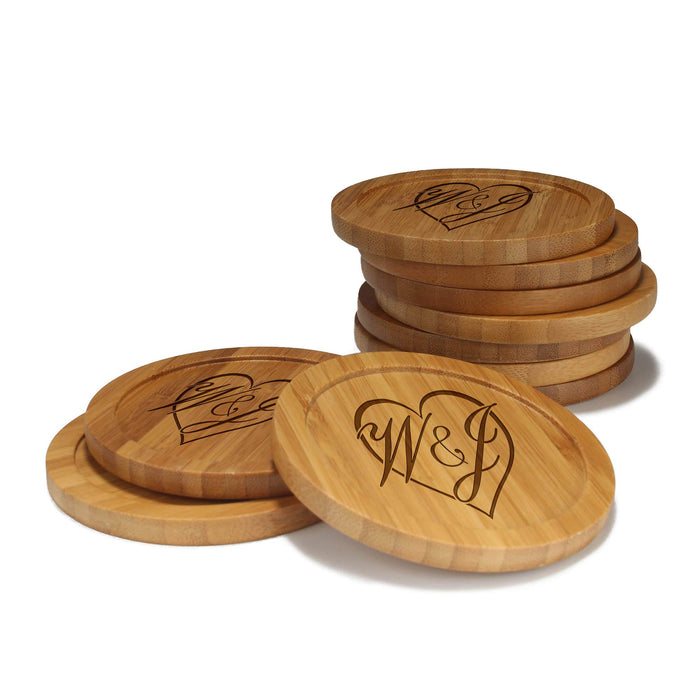 bamboomn Couple Initials in Heart Round Custom Engraved Bamboo Coaster Set