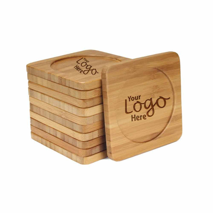 bamboomn Custom Company Business Logo Engraved Bamboo Wooden Square Coasters