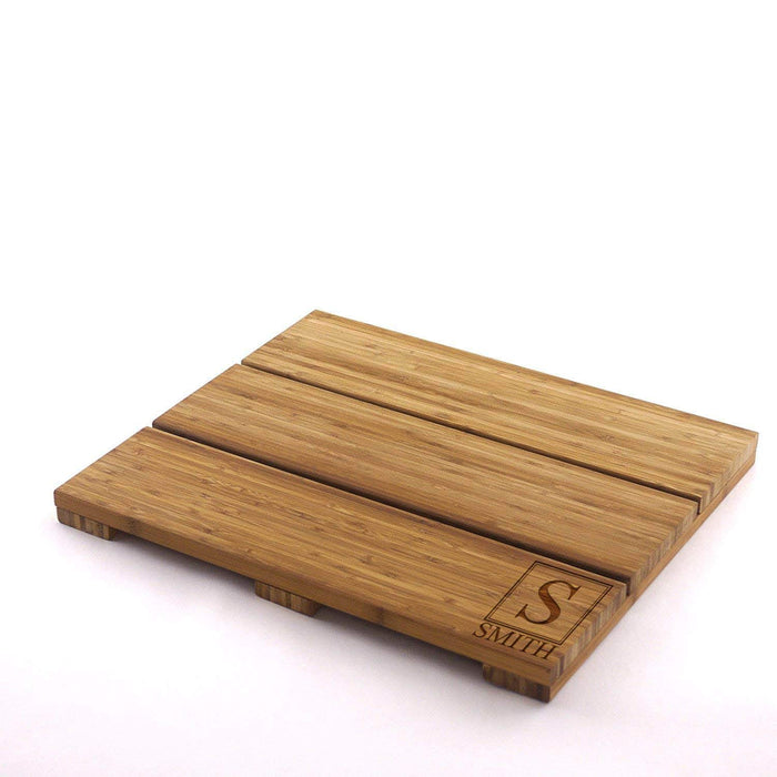 Bamboomn Custom Engraved Raised Bamboo Bath Mat: Square Name Block Light